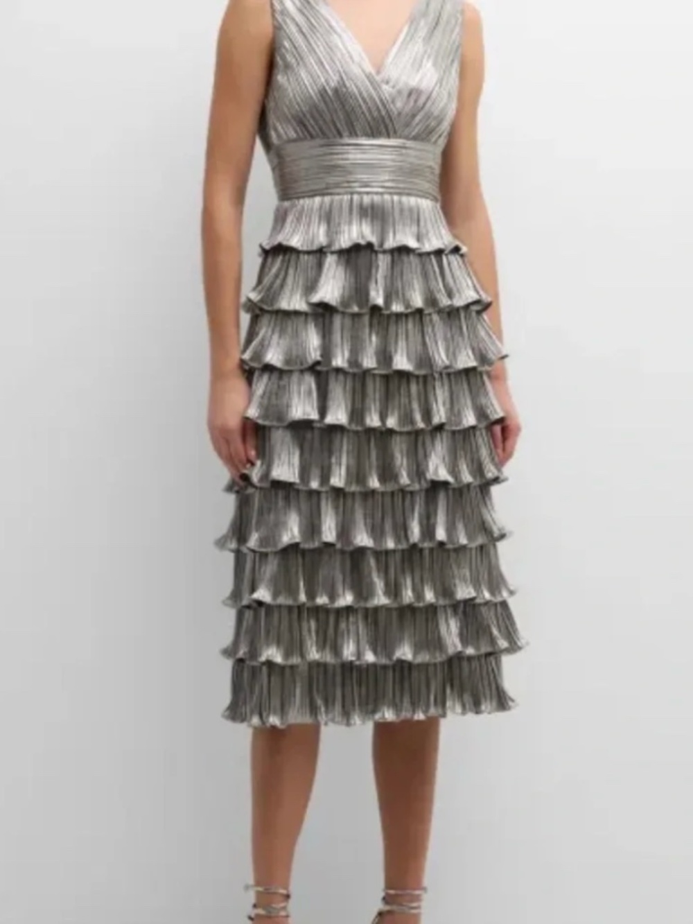ZAC POSEN Sleeveless Metallic Ruffle Tiered Midi Dress Silver NWT